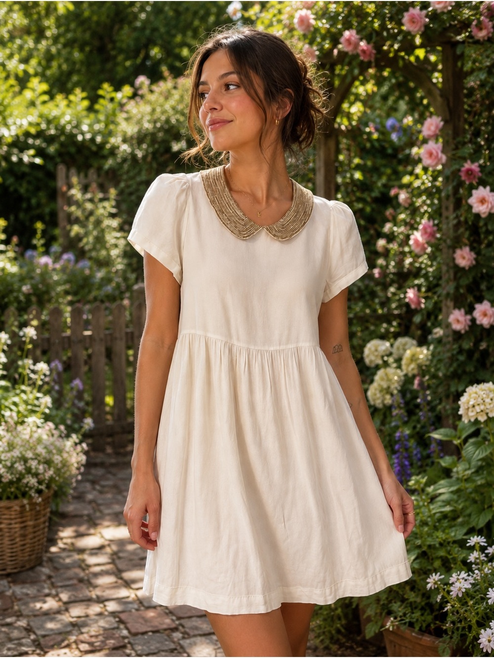 Sandro Cream Short-Sleeve Dress with Gold Beaded Collar